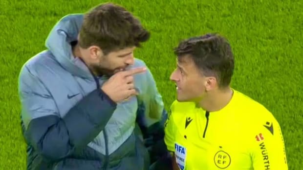 Gerard Pique pictured pointing in the face of referee Jesus Gil Manzano at half-time during Barcelona's 2-1 win at Osasuna in November 2022